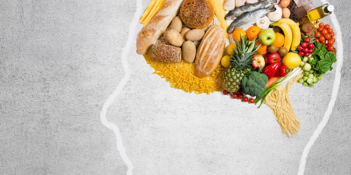 human head shape with variety of different food ingredients on gray background human head shape with variety of different food ingredients on gray background